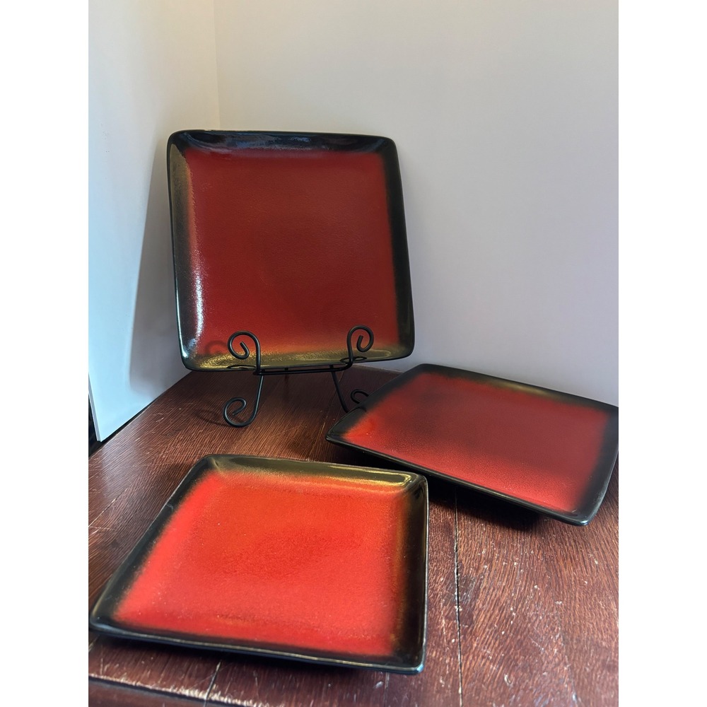 222 Fifth Comino Red Black Square Stoneware 2 Dinner 1 Salad Plate Set 3pc